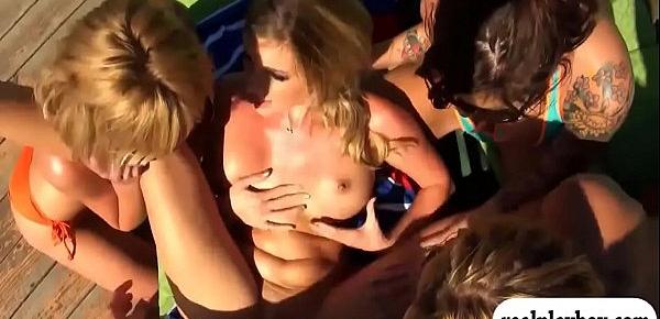  Big juggs women sharing on one lucky hard dick outdoors